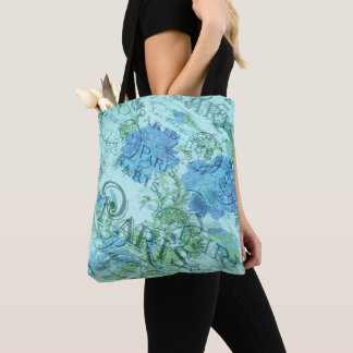  Blauw Bloemen Frans Parijs Postmark Patroon Tote Bag