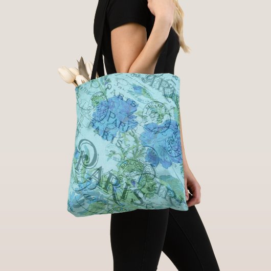  Blauw Bloemen Frans Parijs Postmark Patroon Tote Bag (Dichtbij)