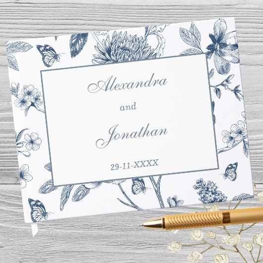 Blauw  Bloemen Franse bruiloft Gastenboek