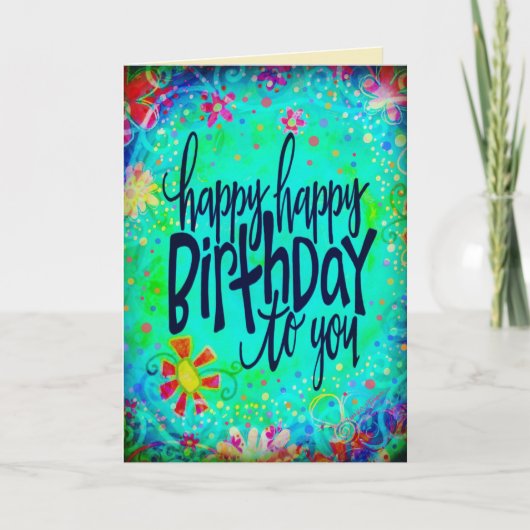 Blauw Bloemen Gelukkige Verjaardag Leuk Kleurrijk Kaart (Voorkant)