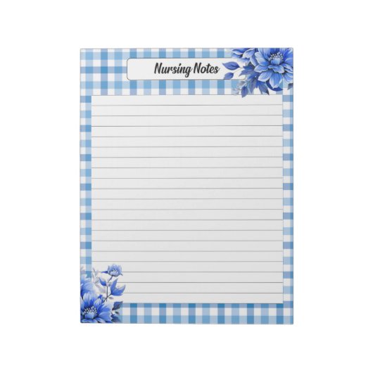Blauw Bloemen Gingham_ Verpleging Notes Notitieblok (Linkerzijde)