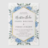 Blauw Bloemen Goud Bladeren Nuestra Boda Bruiloft Vellum Uitnodigingen (Voorkant)