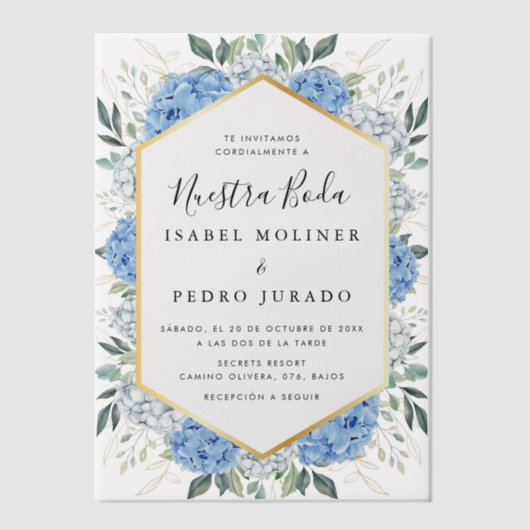 Blauw Bloemen Goud Bladeren Nuestra Boda Bruiloft Vellum Uitnodigingen (Voorkant)