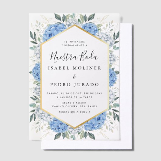 Blauw Bloemen Goud Bladeren Nuestra Boda Bruiloft Vellum Uitnodigingen (Offset)
