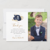 Blauw Bloemen Goud Eerste Communie Dank u Bedankkaart (Voorkant)