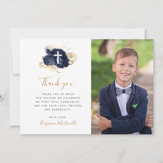 Blauw Bloemen Goud Eerste Communie Dank u Bedankkaart (Voorkant)