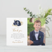 Blauw Bloemen Goud Eerste Communie Dank u Bedankkaart (Staand voorkant)