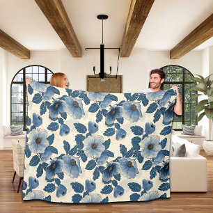 Blauw Bloemen Goud Glitter Japans Ukiyo-e Fleece Deken