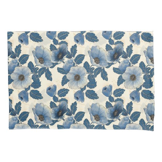 Blauw Bloemen Goud Glitter Japans Ukiyo-e Kussensloop (Voorkant)