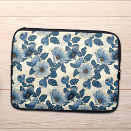 Blauw Bloemen Goud Glitter Japans Ukiyo-e Laptop Sleeve