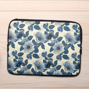 Blauw Bloemen Goud Glitter Japans Ukiyo-e Laptop Sleeve