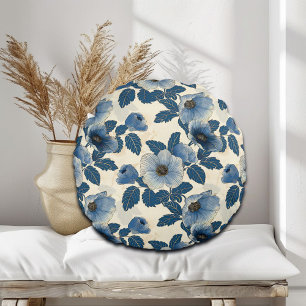 Blauw Bloemen Goud Glitter Japans Ukiyo-e Rond Kussen