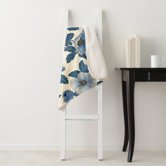 Blauw Bloemen Goud Glitter Japans Ukiyo-e Sherpa Deken (In situ)