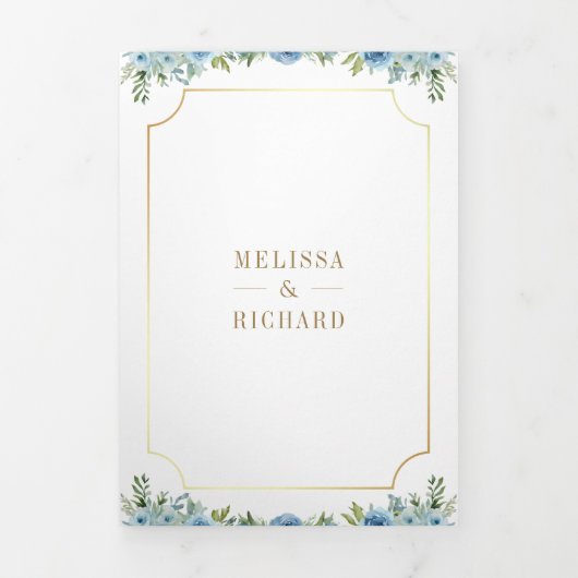 Blauw Bloemen Goud Katholiek Kruis QR Code Huwelij Drieluik Uitnodiging (Cover)