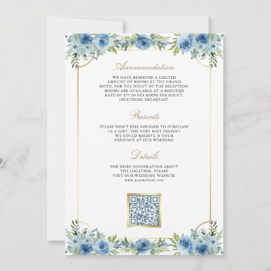 Blauw Bloemen Goud Katholiek Kruis QR Code Huwelij Kaart (Achterkant)