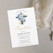 Blauw Bloemen Goud Kruis Jongen Doop Doop Kaart
