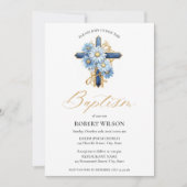 Blauw Bloemen Goud Kruis Jongen Doop Doop Kaart (Voorkant)