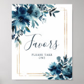 Blauw Bloemen & Gouden Lijst Bruiloftsshower Favor Poster (Voorkant)