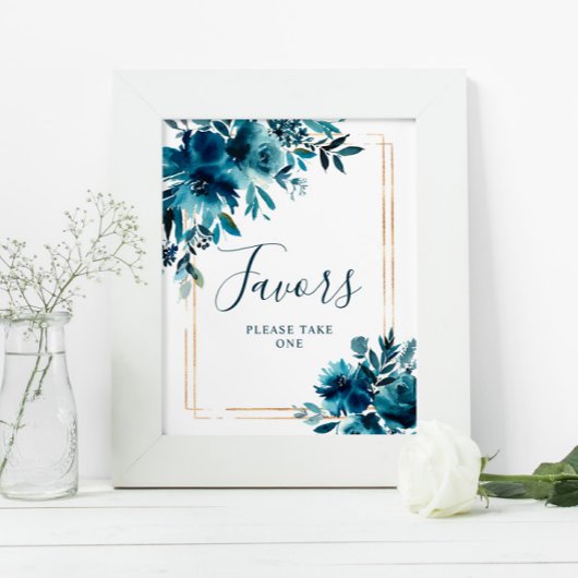 Blauw Bloemen & Gouden Lijst Bruiloftsshower Favor Poster