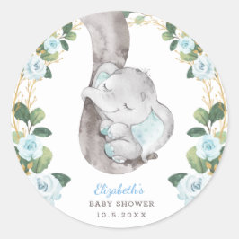 Blauw Bloemen Groen Goud Baby Olifantsdouche Ronde Sticker