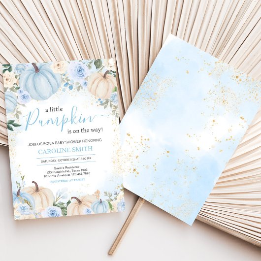 Blauw Bloemen Groen Kleine Pompoen Baby shower Kaart