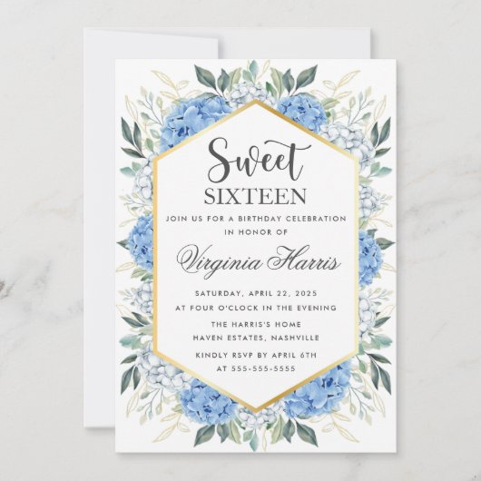 Blauw Bloemen Groen Zoet Zestien 16 Verjaardag Kaart (Voorkant)