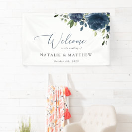 Blauw Bloemen, Groene Tinten, Boho, Trouw Welkom Spandoek