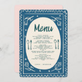 Blauw Bloemen Handschrift Modern Bruiloft Menu Inv Kaart (Voorkant / Achterkant)