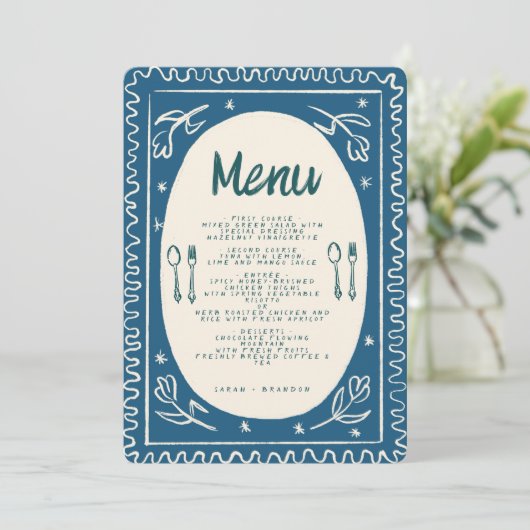 Blauw Bloemen Handschrift Modern Bruiloft Menu Inv Kaart (Staand voorkant)