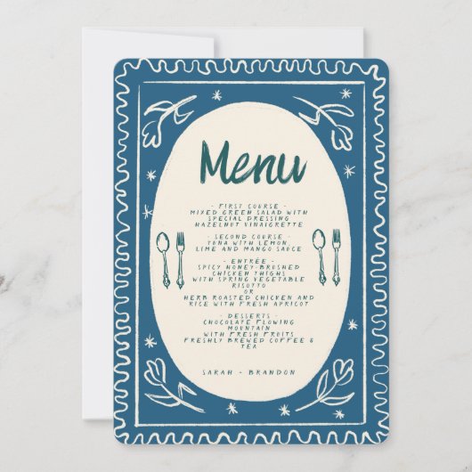Blauw Bloemen Handschrift Modern Bruiloft Menu Inv Kaart (Voorkant)