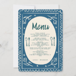 Blauw Bloemen Handschrift Modern Bruiloft Menu Inv Kaart