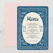 Blauw Bloemen Handschrift Modern Bruiloft Menu Kaart (Voorkant / Achterkant)