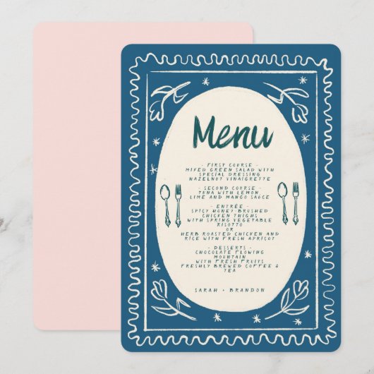 Blauw Bloemen Handschrift Modern Bruiloft Menu Kaart (Voorkant / Achterkant)