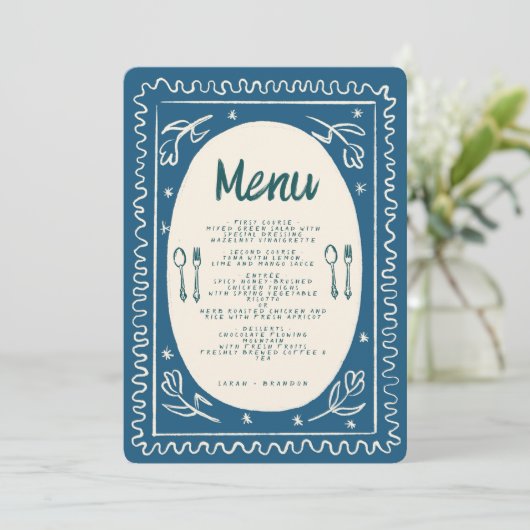 Blauw Bloemen Handschrift Modern Bruiloft Menu Kaart (Staand voorkant)