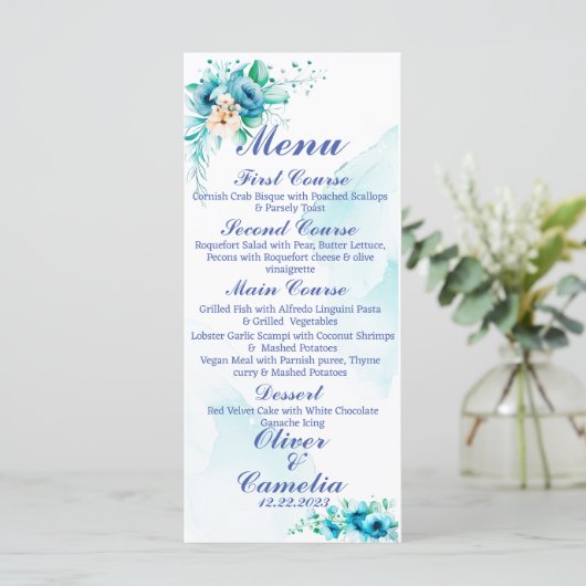 Blauw Bloemen Hawaïaans Bruiloft Menu Kaart (Staand voorkant)
