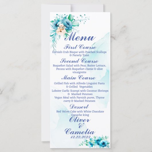 Blauw Bloemen Hawaïaans Bruiloft Menu Kaart (Voorkant)
