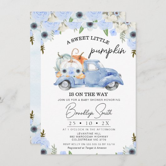 Blauw Bloemen Herfst Pompoen Vrachtwagen Baby show Kaart (Voorkant / Achterkant)