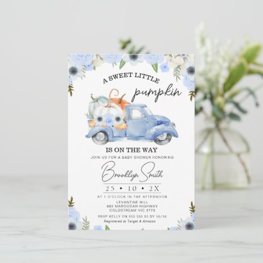 Blauw Bloemen Herfst Pompoen Vrachtwagen Baby show Kaart (Staand voorkant)