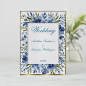 Blauw  Bloemen Huwelijk Mooi Wit Kaart (Staand voorkant)