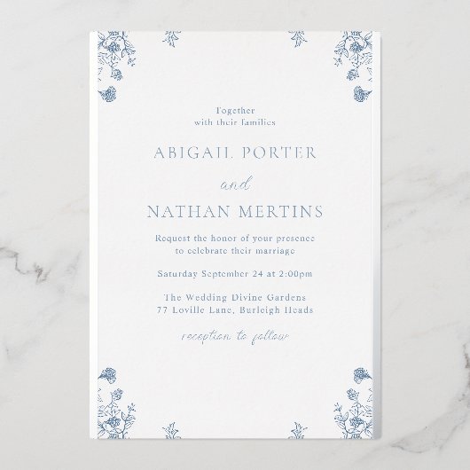  Blauw Bloemen Huwelijk Zilveren Folie Folie Uitnodiging (Voorkant)