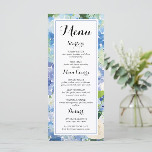 Blauw Bloemen Hydrangea Menu Kaarten (Staand voorkant)