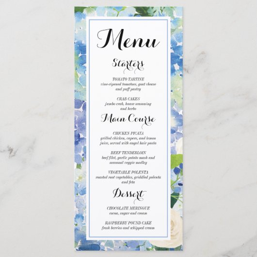 Blauw Bloemen Hydrangea Menu Kaarten (Voorkant)