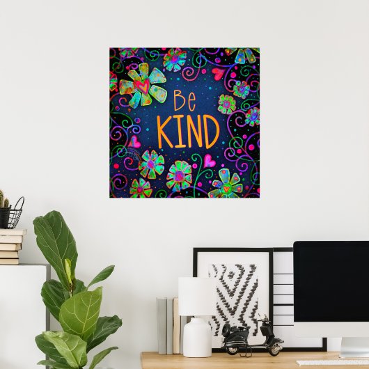 Blauw Bloemen Inspirerend "Be Kind" School Poster (Thuiskantoor)