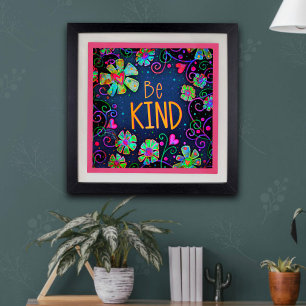 Blauw Bloemen Inspirerend "Be Kind" School Poster