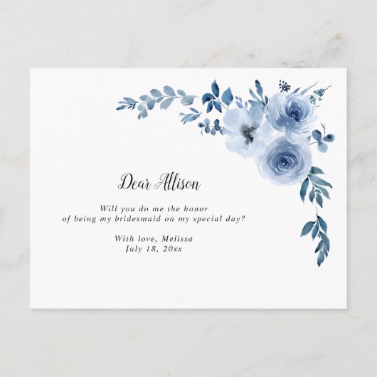 Blauw Bloemen, je wordt mijn bruidsmeisje kaart (Achterkant)