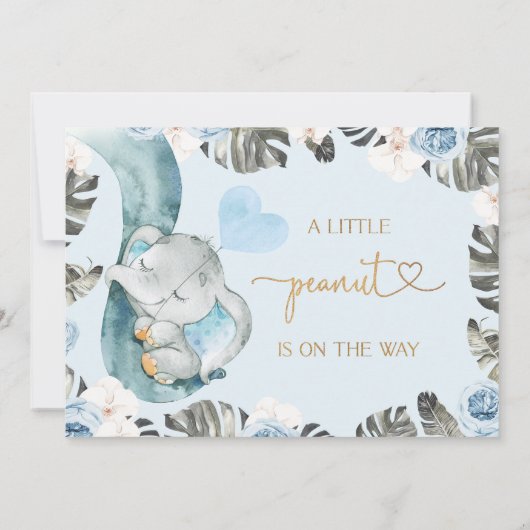 Blauw Bloemen Kleine Pinda Olifant Baby shower Kaart (Achterkant)