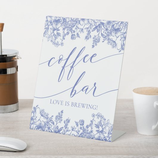  Blauw Bloemen Koffiebar Liefde is Brouwen Reclamebord Met Voetstuk (Insitu)