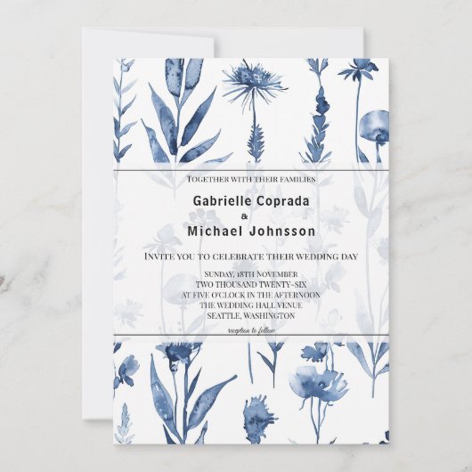 Blauw Bloemen Kruiden Waterverf Bruiloft Kaart (Voorkant)