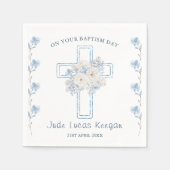Blauw Bloemen Kruis Doop Papier Servet (Voorkant)