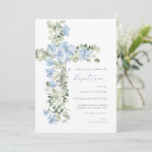 Blauw Bloemen Kruis Jongen Doop Uitnodiging (Staand voorkant)